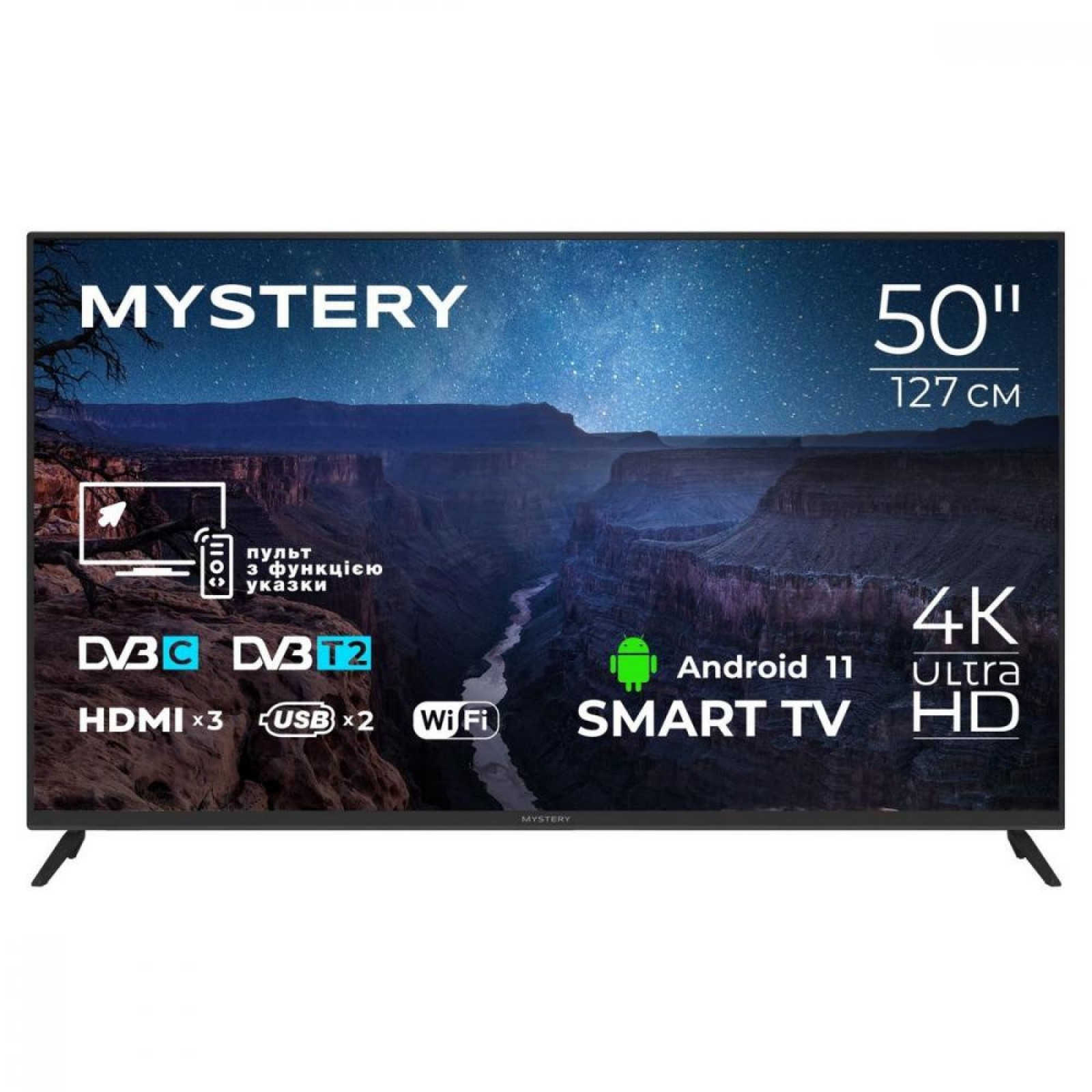 TV 50 Mystery MTV-5060UDT2 4K/Android 11/DVB-T2/2xUSB 2.0/3хHDMI/CI-слот/Wi-Fi/Black